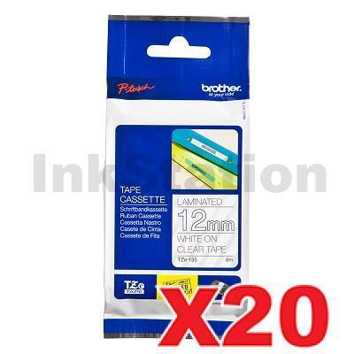 20 x Brother TZe-135 Genuine 12mm White Text on Clear Laminated Tape - 8 meters