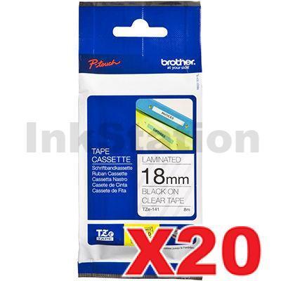20 x Brother TZe-141 Genuine 18mm Black Text on Clear Laminated Tape - 8 meters