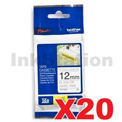 20 x Brother TZe-S231 Genuine 12mm Black Text on White Strong Adhesive Laminated Tape - 8 metres