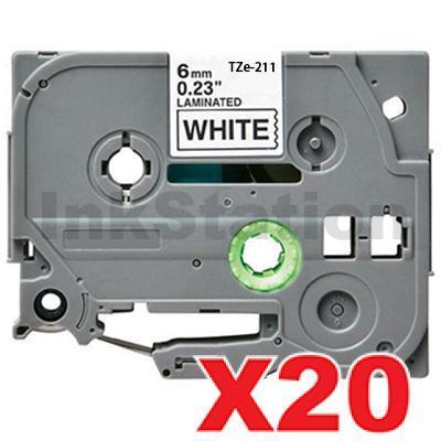 20 x Brother TZe-211 Compatible 6mm Black Text on White Laminated Tape - 8 meters