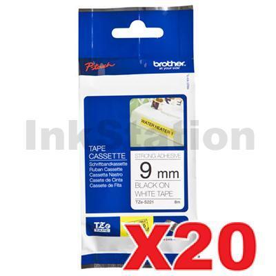 20 x Brother TZe-S221 Genuine 9mm Black Text on White Strong Adhesive Laminated Tape - 8 metres