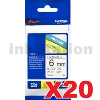 20 x Brother TZe-211 Genuine 6mm Black Text on White Laminated Tape - 8 meters
