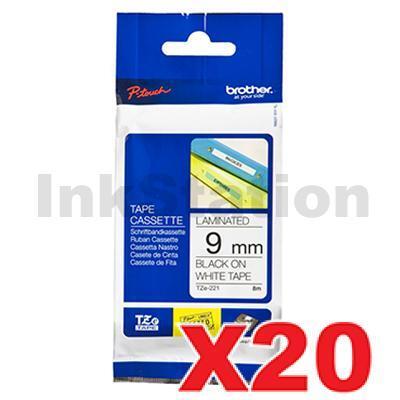 20 x Brother TZe-221 Genuine 9mm Black Text on White Laminated Tape - 8 meters