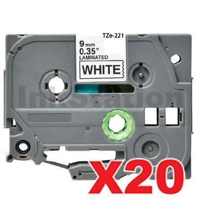 20 x Brother TZe-221 Compatible 9mm Black Text on White Laminated Tape - 8 meters