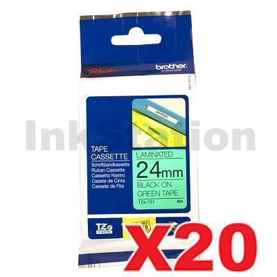 20 x Brother TZe-751 Genuine 24mm Black Text on Green Laminated Tape - 8 meters
