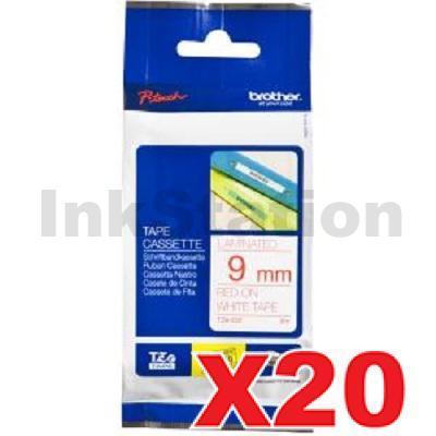 20 x Brother TZe-222 Genuine 9mm Red Text on White Laminated Tape - 8 meters