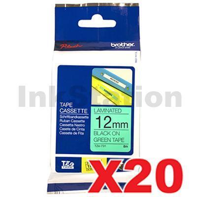 20 x Brother TZe-731 Genuine 12mm Black Text on Green Laminated Tape - 8 meters
