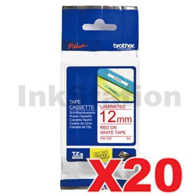 20 x Brother TZe-232 Genuine 12mm Red Text on White Laminated Tape - 8 meters