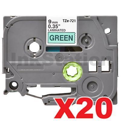 20 x Brother TZe-721 Compatible 9mm Black Text on Green Laminated Tape - 8 meters