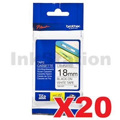 20 x Brother TZe-241 Genuine 18mm Black Text on White Laminated Tape - 8 meters