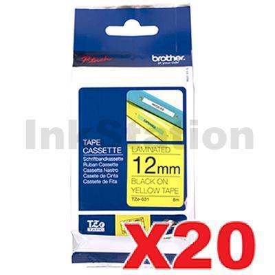 20 x Brother TZe-631 Genuine 12mm Black Text on Yellow Laminated Tape - 8 meters