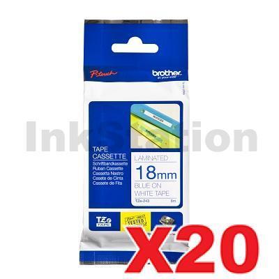 20 x Brother TZe-243 Genuine 18mm Blue Text on White Laminated Tape - 8 meters