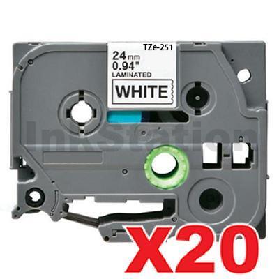 20 x Brother TZe-251 Compatible 24mm Black Text on White Laminated Tape - 8 meters