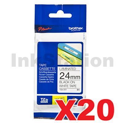 20 x Brother TZe-251 Genuine 24mm Black Text on White Laminated Tape - 8 meters