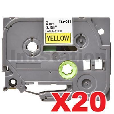 20 x Brother TZe-621 Compatible 9mm Black Text on Yellow Laminated Tape - 8 meters