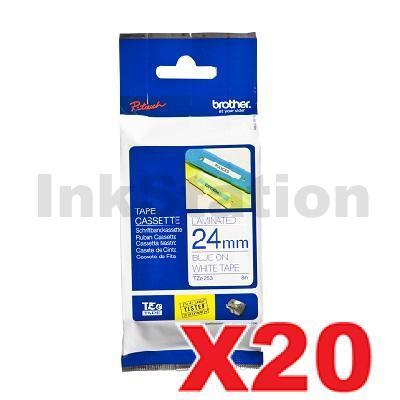 20 x Brother TZe-253 Genuine 24mm Blue Text on White Laminated Tape - 8 meters