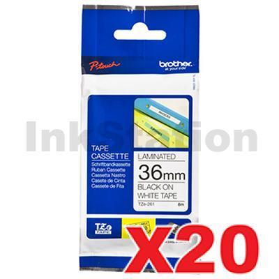 20 x Brother TZe-261 Genuine 36mm Black Text on White Laminated Tape - 8 meters