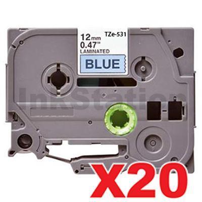 20 x Brother TZe-531 Compatible 12mm Black Text on Blue Laminated Tape - 8 meters