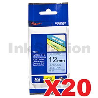 20 x Brother TZe-531 Genuine 12mm Black Text on Blue Laminated Tape - 8 meters