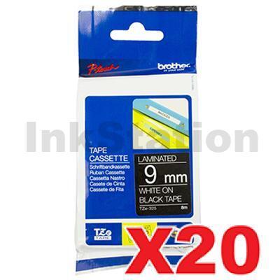 20 x Brother TZe-325 Genuine 9mm White Text on Black Laminated Tape - 8 meters