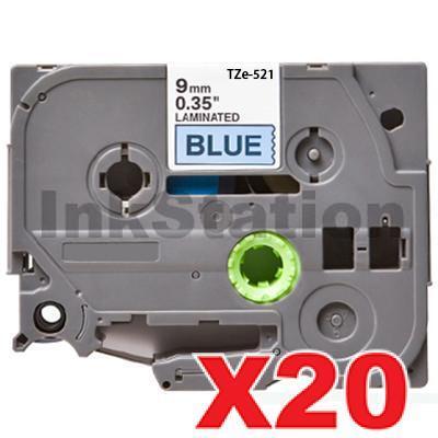 20 x Brother TZe-521 Compatible 9mm Black Text on Blue Laminated Tape - 8 meters
