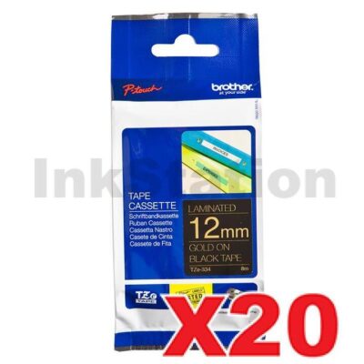 20 x Brother TZe-334 Genuine 12mm Gold Text on Black Laminated Tape - 8 meters