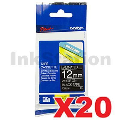 20 x Brother TZe-335 Genuine 12mm White Text on Black Laminated Tape - 8 metres