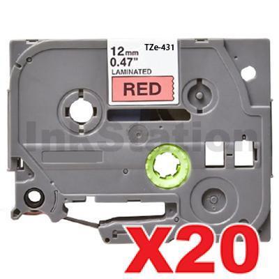 20 x Brother TZe-431 Compatible 12mm Black Text on Red Laminated Tape - 8 meters