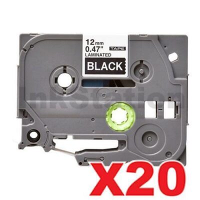 20 x Brother TZe-335 Compatible 12mm White Text on Black Laminated Tape - 8 meters