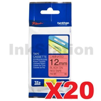 20 x Brother TZe-431 Genuine 12mm Black Text on Red Laminated Tape - 8 meters