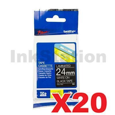 20 x Brother TZe-355 Genuine 24mm White Text on Black Laminated Tape - 8 metres