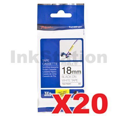 20 x Brother TZe-FX241 Genuine 18mm Black Text on White Flexible ID Laminated Tape - 8 metres
