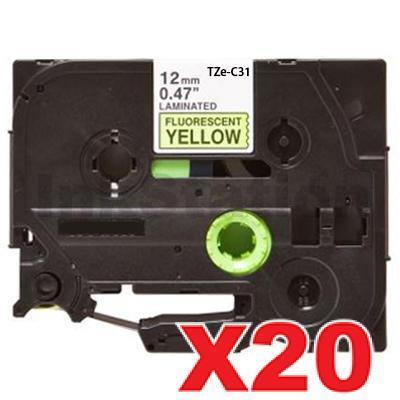 20 x Brother TZe-C31 Compatible 12mm Black Text on Yellow Fluorescent Laminated Tape - 5 meters