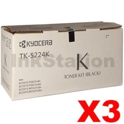 3 x Genuine Kyocera TK-5224K Black Toner Cartridge Ecosys M5521, P5021 - 1,200 pages