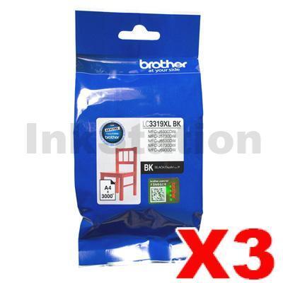 3 x Genuine Brother LC-3319XLBK High Yield Black Ink Cartridge - 3,000 pages