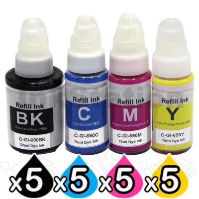 20-Pack Compatible Canon GI690 Ink Bottles [5BK+5C+5M+5Y]