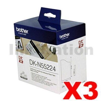 3 x Brother DK-N55224 Genuine Black Text on White Continuous Paper Label Roll Non-Adhesive 54mm x 30.48m