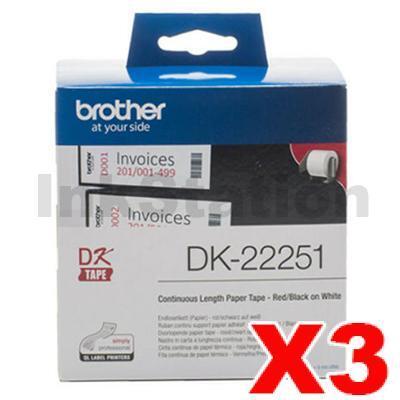 3 x Brother DK-22251 Genuine White Black & Red Text on White Continuous Label Roll 62mm x 15.24m