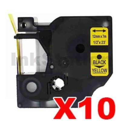 10 x Dymo SD45018 / S0720580 Compatible 12mm Black Text on Yellow Label Cassette - 7 meters