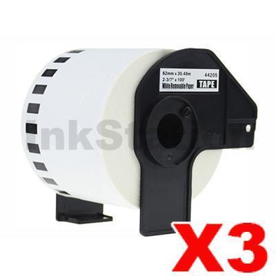 3 x Brother DK-44205 Compatible Removable Black Text on White Continuous Paper Label Roll 62mm x 30.48m