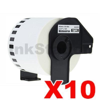 10 x Brother DK-44205 Compatible Removable Black Text on White Continuous Paper Label Roll 62mm x 30.48m