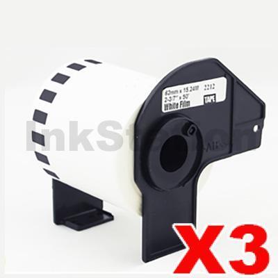 3 x Brother DK-22212 Compatible Black Text on White Continuous Film Label Roll 62mm x 15.24m