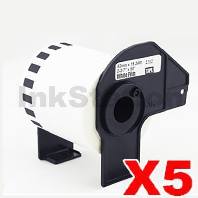 5 x Brother DK-22212 Compatible Black Text on White Continuous Film Label Roll 62mm x 15.24m