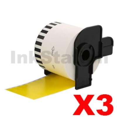 3 x Brother DK-44605 Compatible Removable Black Text on Yellow Continuous Paper Label Roll 62mm x 30.48m