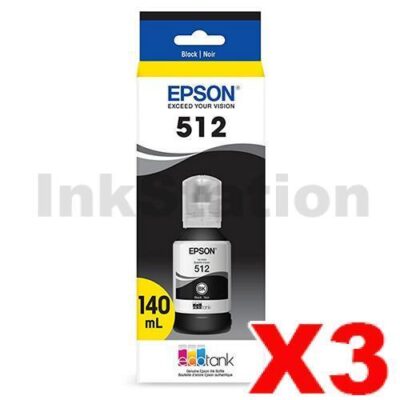 3 x Genuine Epson T512 EcoTank Black Ink Bottle