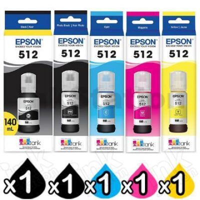 5-Pack Genuine Epson T512 EcoTank Ink Bottles [1BK,1PBK,1C,1M,1Y]