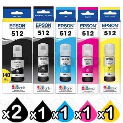 6-Pack Genuine Epson T512 EcoTank Ink Bottles [2BK,1PBK,1C,1M,1Y]