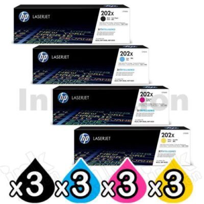 3 Sets of 4 Pack HP CF500X-CF503X (202X) Genuine High Yield Toner Cartridges [3BK,3C,3M,3Y]