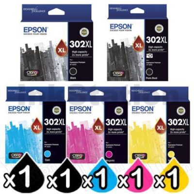5 Pack Epson 302XL (C13T01X192,C13T01Y192-C13T01Y492) Genuine High Yield Ink Combo [1BK+1PBK+1C+1M+1Y]