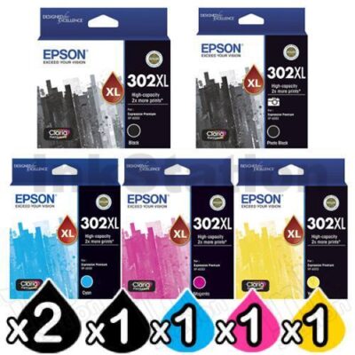 6 Pack Epson 302XL (C13T01X192,C13T01Y192-C13T01Y492) Genuine High Yield Ink Combo [2BK+1PBK+1C+1M+1Y]
